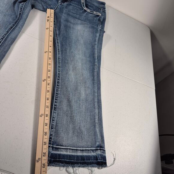 Grace In LA Blue Denim Jeans Distressed Raw Hem Embroidered Pockets Mid Rise 28 - Picture 5 of 7